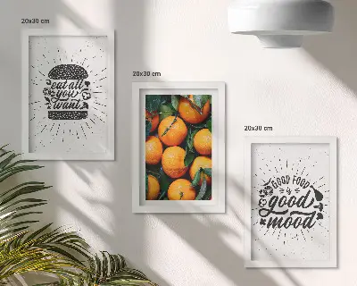 Billedvæg med køkkenmotiver og saftige appelsiner