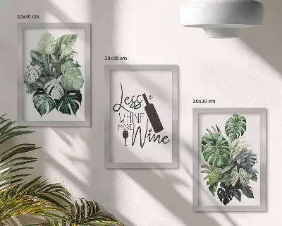 Billedvæg med planteblade i grønne nuancer og tekst om vin