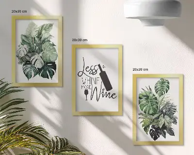 Billedvæg med planteblade i grønne nuancer og tekst om vin