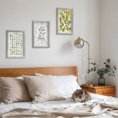 Moderne billedsæt med motiver af urter, køkkenskilt og malede citroner