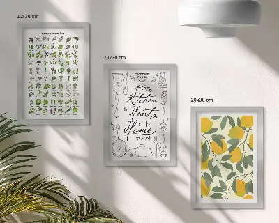 Moderne billedsæt med motiver af urter, køkkenskilt og malede citroner