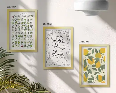 Moderne billedsæt med motiver af urter, køkkenskilt og malede citroner