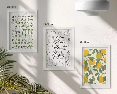 Moderne billedsæt med motiver af urter, køkkenskilt og malede citroner