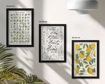 Moderne billedsæt med motiver af urter, køkkenskilt og malede citroner