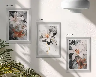 Billedvæg med blomstermotiv på marmorbakgrund i hvide og sorte nuancer