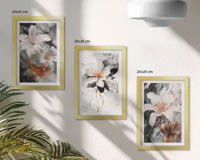 Billedvæg med blomstermotiv på marmorbakgrund i hvide og sorte nuancer