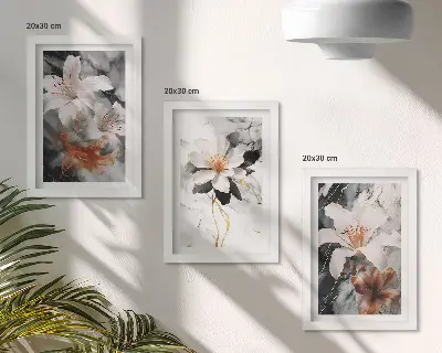 Billedvæg med blomstermotiv på marmorbakgrund i hvide og sorte nuancer