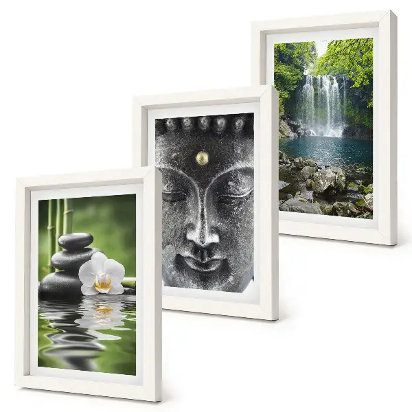 Billeder og rammer med naturmotiv harmoni med sten, vand og Buddha