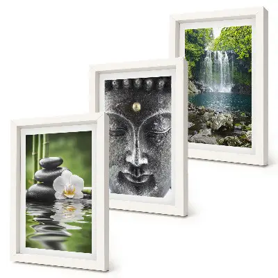 Billeder og rammer med naturmotiv harmoni med sten, vand og Buddha