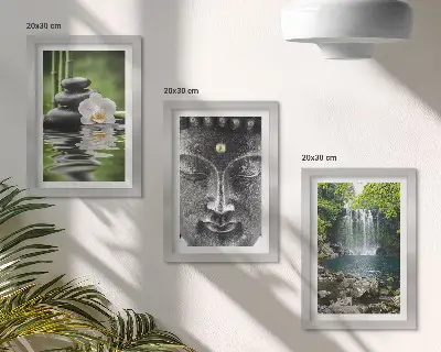 Billeder og rammer med naturmotiv harmoni med sten, vand og Buddha