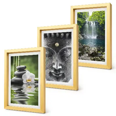 Billeder og rammer med naturmotiv harmoni med sten, vand og Buddha