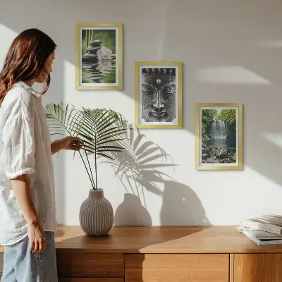Billeder og rammer med naturmotiv harmoni med sten, vand og Buddha