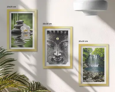 Billeder og rammer med naturmotiv harmoni med sten, vand og Buddha