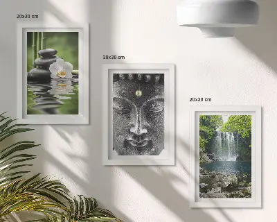 Billeder og rammer med naturmotiv harmoni med sten, vand og Buddha