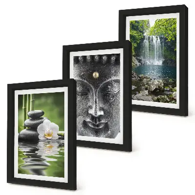 Billeder og rammer med naturmotiv harmoni med sten, vand og Buddha