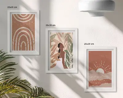 Billedvæg med boho abstrakte former og illustrationer