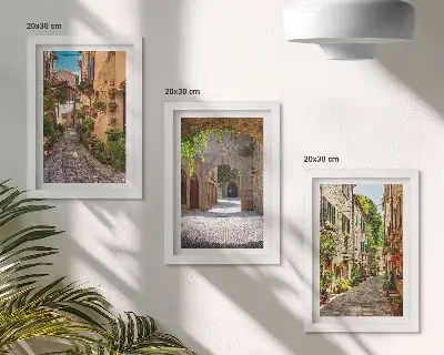 Billedvæg med rammer italiensk gade med blomster og landskabsarkitektur