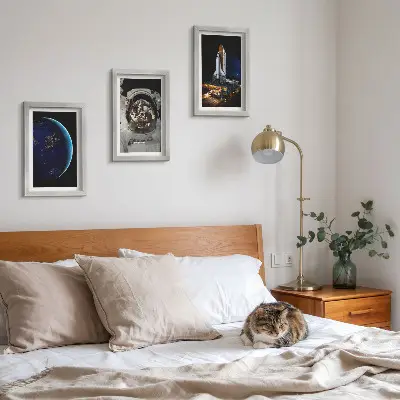 Billedvæg med motiver af Jorden, astronaut og raket