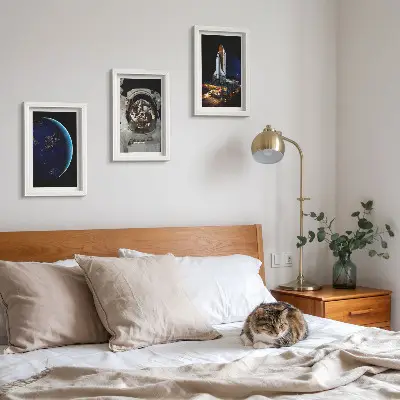 Billedvæg med motiver af Jorden, astronaut og raket