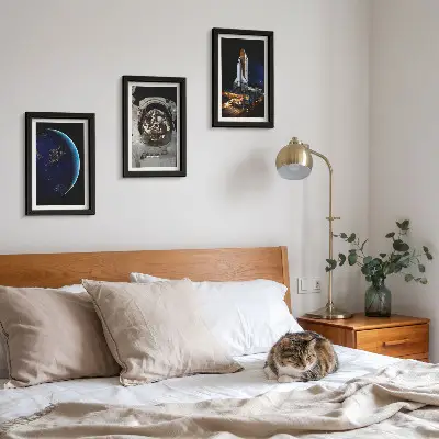 Billedvæg med motiver af Jorden, astronaut og raket