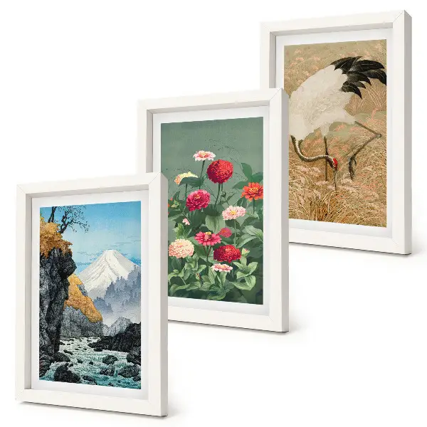 Billedvæg med bjerge, flod, blomster og traner i græsset
