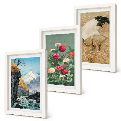 Billedvæg Bjerge i landskabet, flod, blomster og traner i græsset