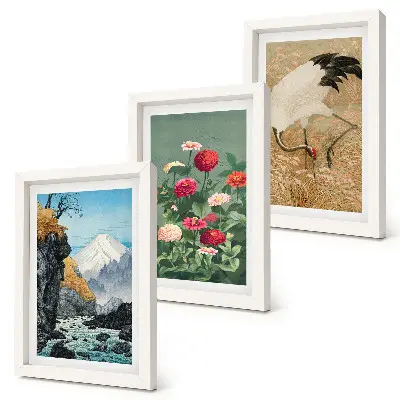 Billedvæg med bjerge, flod, blomster og traner i græsset