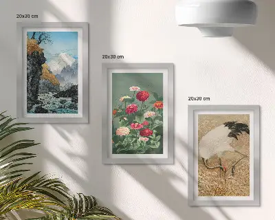 Billedvæg med bjerge, flod, blomster og traner i græsset