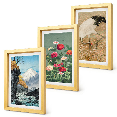 Billedvæg Bjerge i landskabet, flod, blomster og traner i græsset