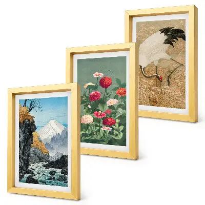 Billedvæg med bjerge, flod, blomster og traner i græsset