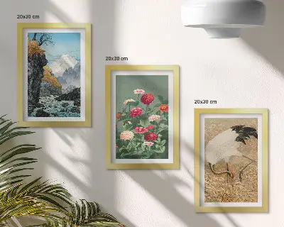 Billedvæg med bjerge, flod, blomster og traner i græsset