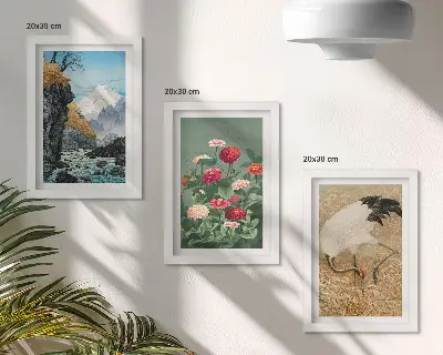 Billedvæg med bjerge, flod, blomster og traner i græsset