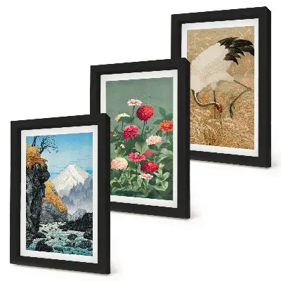 Billedvæg med bjerge, flod, blomster og traner i græsset