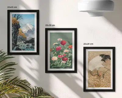 Billedvæg med bjerge, flod, blomster og traner i græsset