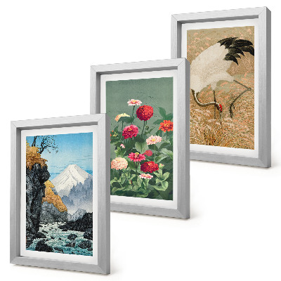 Billedvæg Bjerge i landskabet, flod, blomster og traner i græsset