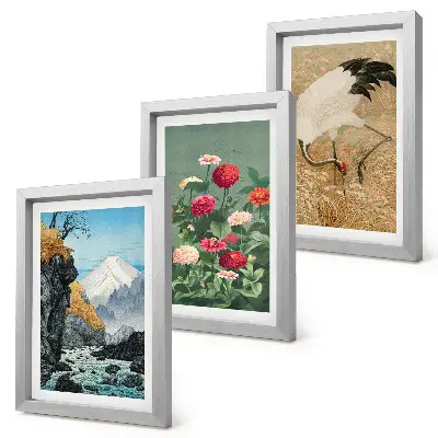 Billedvæg med bjerge, flod, blomster og traner i græsset