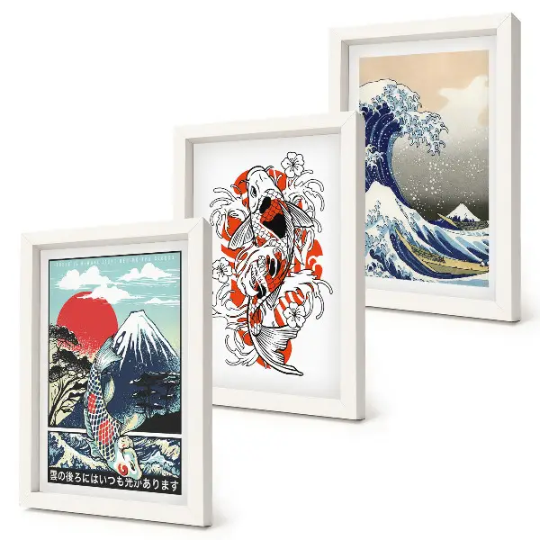 Pakke med billeder og rammer illustrationer af fiskebjerge og den store bølge ud for Kanagawa i japansk stil