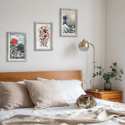 Pakke med billeder og rammer illustrationer af fiskebjerge og den store bølge ud for Kanagawa i japansk stil