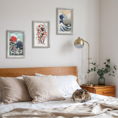 Pakke med billeder og rammer Illustrationer af fiskebjerge og den store bølge ud for Kanagawa, japansk stil