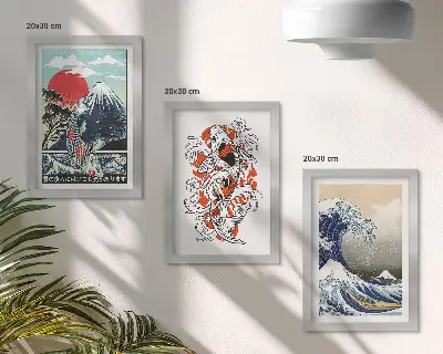 Pakke med billeder og rammer illustrationer af fiskebjerge og den store bølge ud for Kanagawa i japansk stil