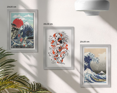 Pakke med billeder og rammer Illustrationer af fiskebjerge og den store bølge ud for Kanagawa, japansk stil