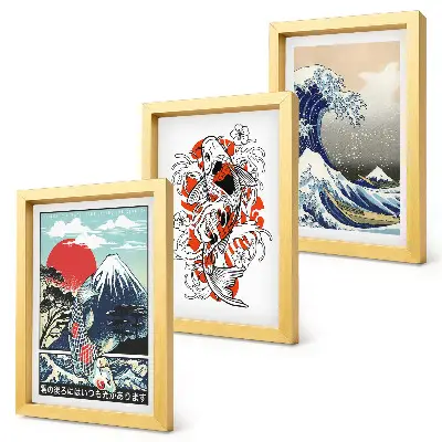 Pakke med billeder og rammer illustrationer af fiskebjerge og den store bølge ud for Kanagawa i japansk stil