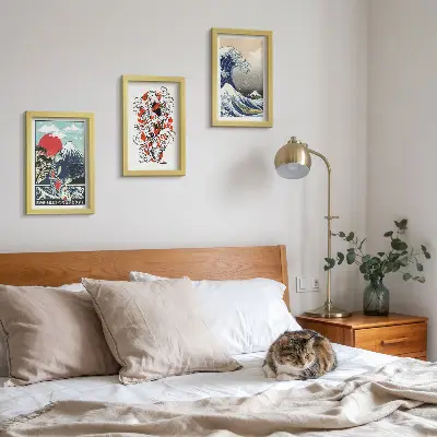Pakke med billeder og rammer illustrationer af fiskebjerge og den store bølge ud for Kanagawa i japansk stil