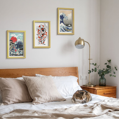 Pakke med billeder og rammer Illustrationer af fiskebjerge og den store bølge ud for Kanagawa, japansk stil