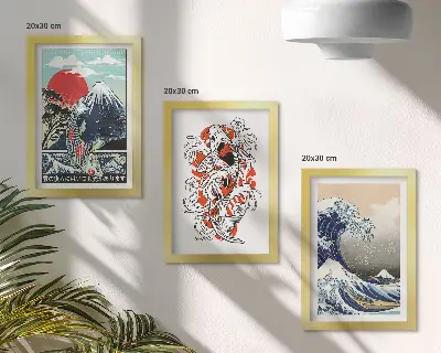 Pakke med billeder og rammer illustrationer af fiskebjerge og den store bølge ud for Kanagawa i japansk stil
