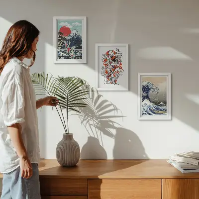 Pakke med billeder og rammer illustrationer af fiskebjerge og den store bølge ud for Kanagawa i japansk stil