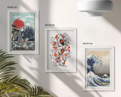 Pakke med billeder og rammer illustrationer af fiskebjerge og den store bølge ud for Kanagawa i japansk stil
