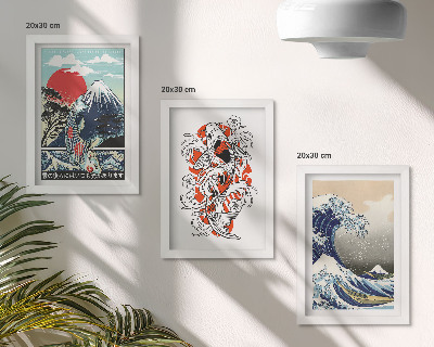 Pakke med billeder og rammer Illustrationer af fiskebjerge og den store bølge ud for Kanagawa, japansk stil
