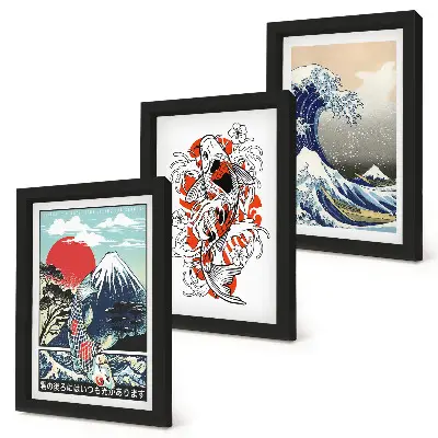 Pakke med billeder og rammer illustrationer af fiskebjerge og den store bølge ud for Kanagawa i japansk stil