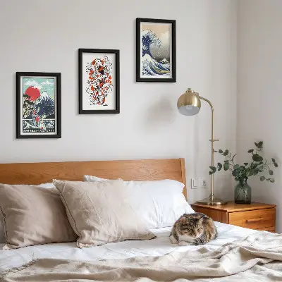 Pakke med billeder og rammer illustrationer af fiskebjerge og den store bølge ud for Kanagawa i japansk stil